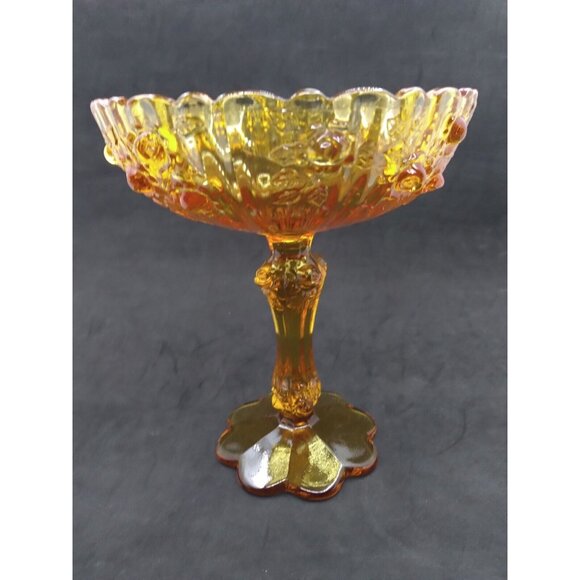 Vtg Unmarked Fenton Raised Cabbage Rose Amber Glass Pedestal Compote Candy Dish - Picture 4 of 15